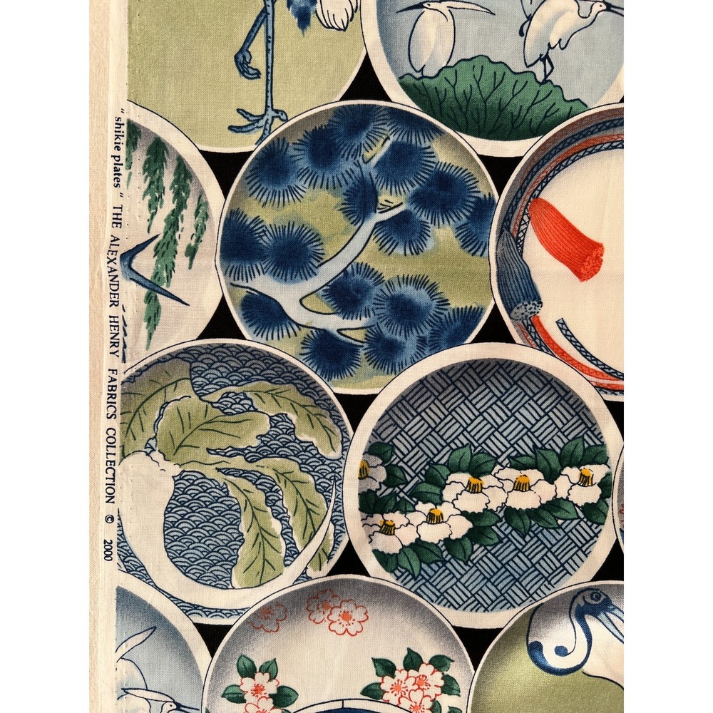 Fabric -RARE Vintage Alexander Henry SHIKIE PLATES Four Seasons Asian Art 1 Yard